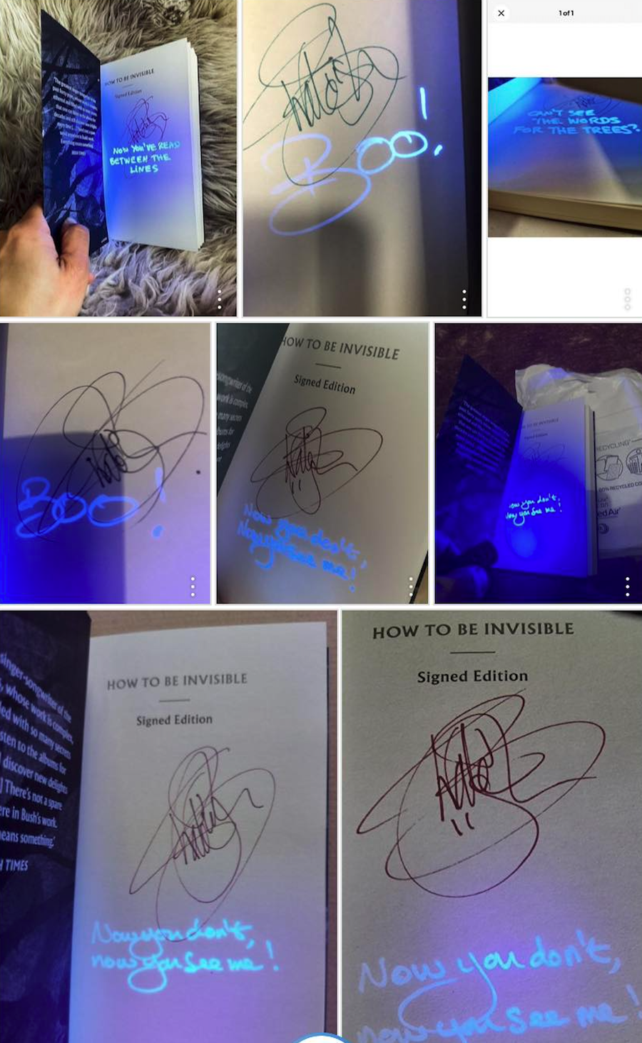 Allegedly one of the secret messages from the signed copies of How to Be  Invisible. …y'all 💀 : r/katebush