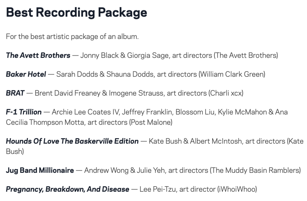 Best Recording Package 2025 Grammy nominations